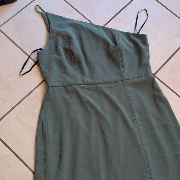 NWT After Six Skinny One-Shoulder Trumpet Gown Front Slit Vineyard Green Size 16 - Picture 5 of 15